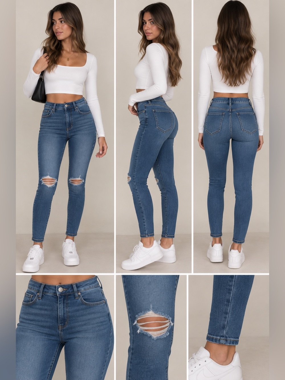 High Rise Distressed Skinny Jeans Medium Wash Ripped Knee Denim